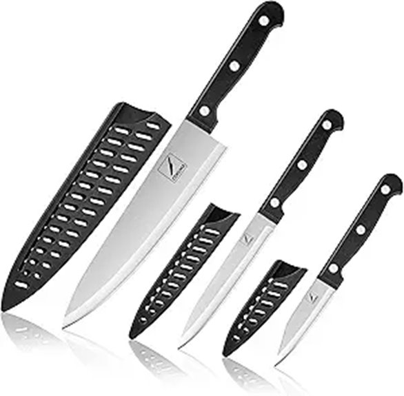 Kitchen Knife Set: 3 Stainless Steel Knives with Sheaths