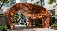 sculptural copper canopy tops micro-landmark community hub in tokyo by nikken sekkei