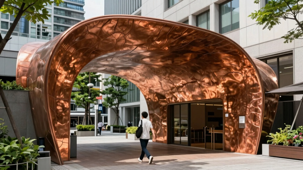 sculptural copper canopy tops micro-landmark community hub in tokyo by nikken sekkei
